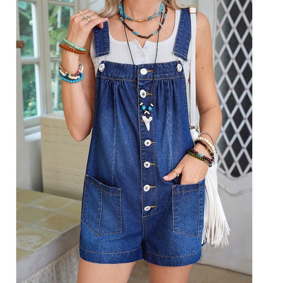 Dark Wash Button Down Pockets Adjustable Straps Jean Denim Short Overalls - Picture 1 of 6